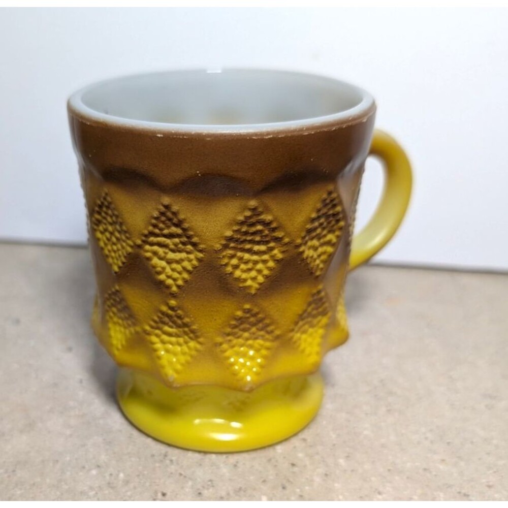 ANCHOR HOCKING Fire King Kimberly Diamond Mug Coffee Cup Yellow & Brown VTG